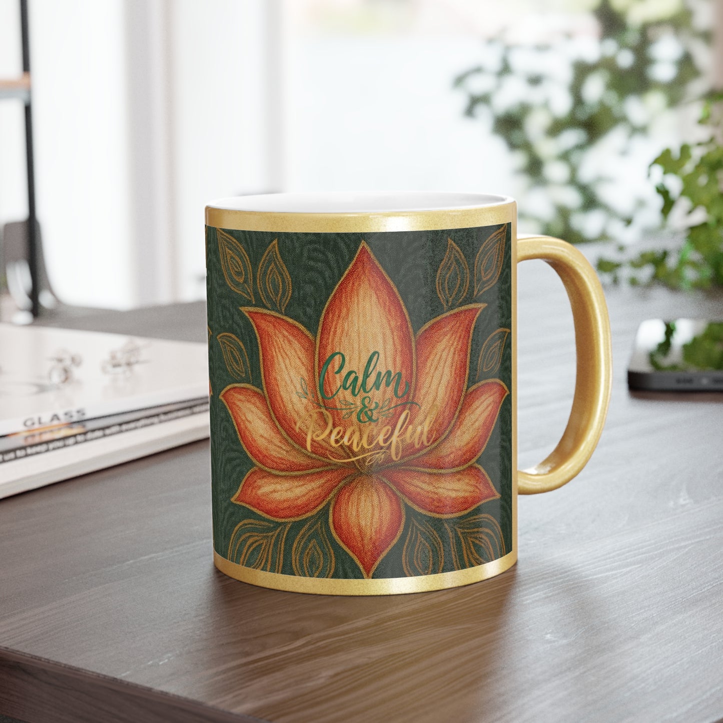 Gold Metallic Mug — 'Calm & Peaceful' Lotus Floral Coffee Cup