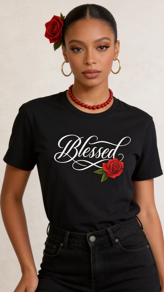 Blessed Rose T-Shirt — Script Floral Faith Tee